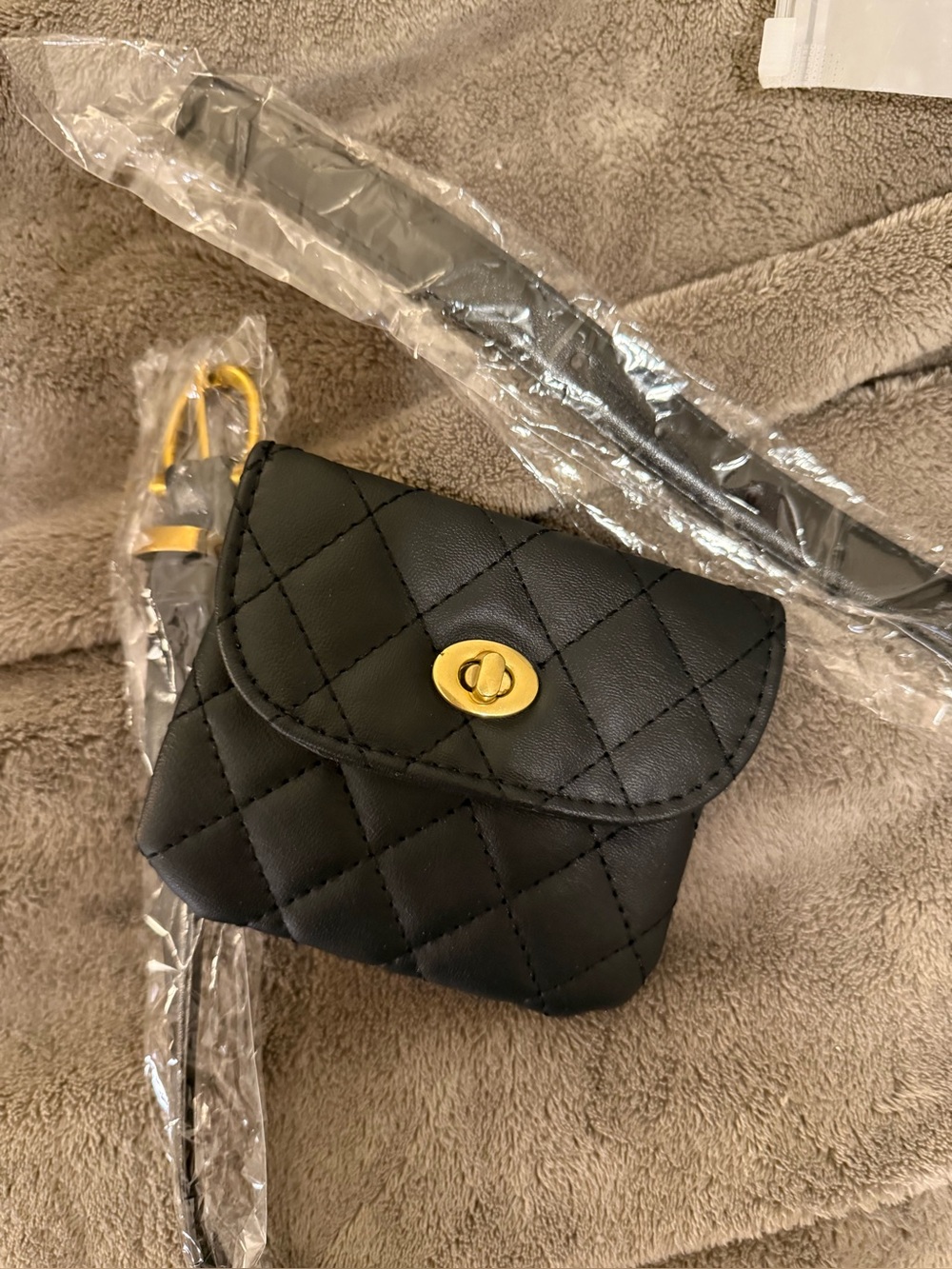 Black Quilted Crossbody Mini Belt Bag with Gold Turn-Lock